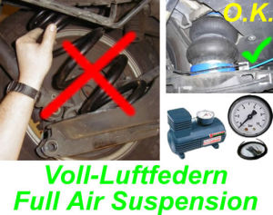 Voll-Luftfedern (ersetzt die original Federn) für Hinten, VW T5 / T6, T6.1, alle Modelle, auch 4-Motion, Bj. 05.03-09 /10-, auch mit DCC (Adaptive Fahrwerksregelung), Max. Hinterachslast 1720 Kg. Kompressor erforderlich. nicht mit optionaler Luftheizung